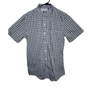 Izod Mens Shirt size M  White Blue Green Plaid Short Sleeve Button  Cotton